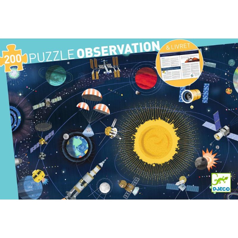 Colorful 200-piece space puzzle by Djeco, featuring celestial imagery and an educational booklet for all ages.