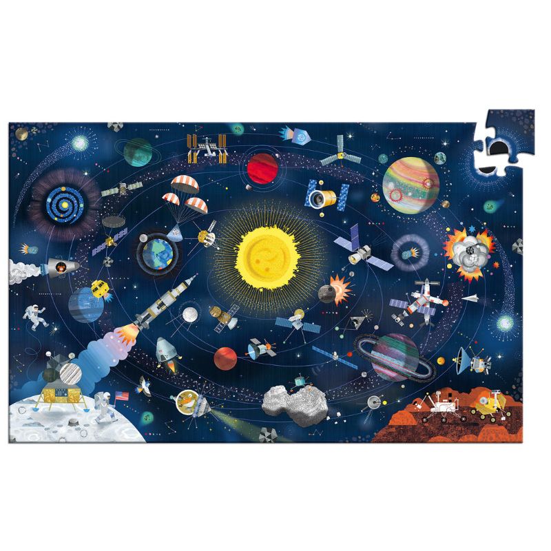 Colorful 200-piece space puzzle by Djeco with accompanying booklet for educational fun and exploration of the cosmos.