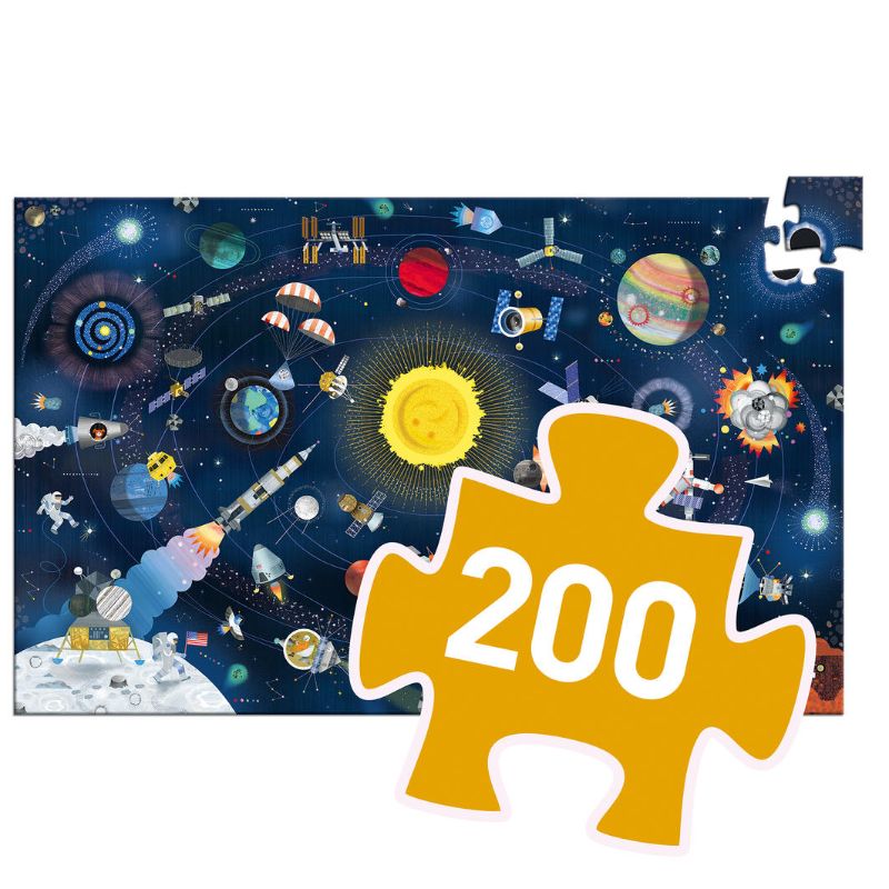 200-piece Djeco puzzle depicting a vibrant cosmic scene, perfect for learning about space and enhancing problem-solving skills.