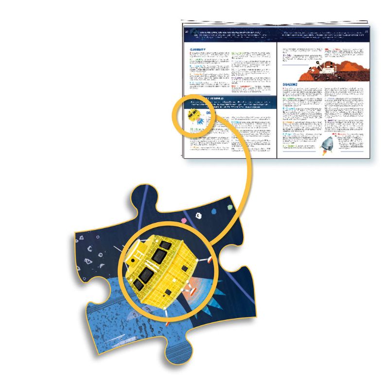Djeco 200-piece space puzzle set featuring vibrant celestial imagery and an educational booklet for young explorers.