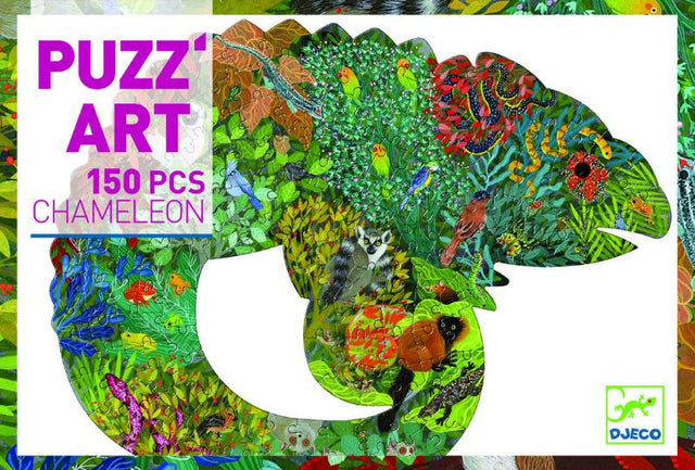 Vibrant 150-piece Djeco Chameleon Puzzle for kids, showcasing a colorful chameleon design, 62 x 48cm, for ages 6 and up.