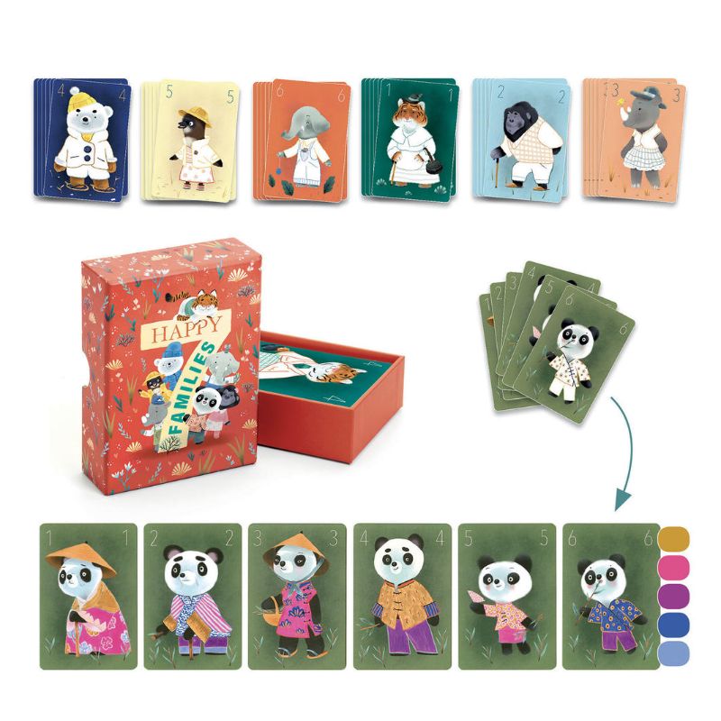 Kids creating whimsical creatures with colorful cards from the *Cards Game DIY - Creature Chic* by Djeco, perfect for imaginative play.