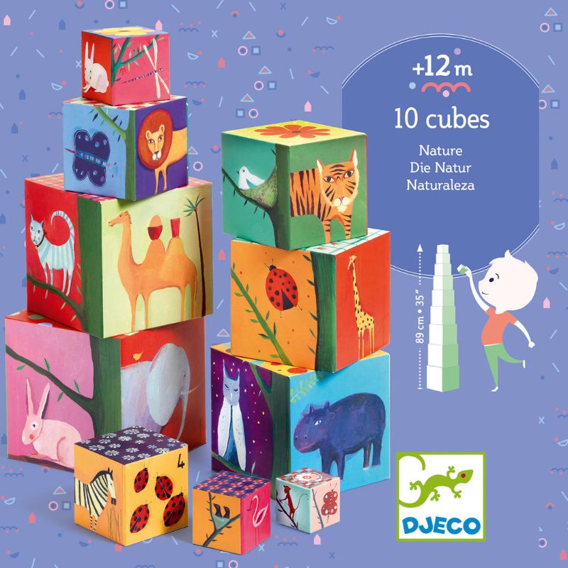 Vibrant nature and animal-themed blocks for stacking, fostering fine motor skills and imaginative play in toddlers.