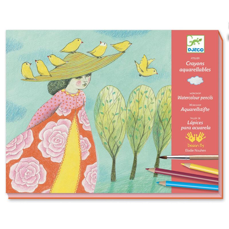 Vibrant watercolour pencils kit by Djeco, ideal for artists of all ages to create stunning artworks with water blending.