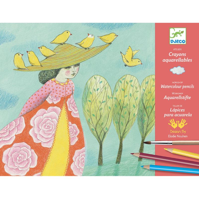 Vibrant watercolour pencils kit by Djeco for all ages, designed for easy grip and smooth blending, perfect for creative projects.