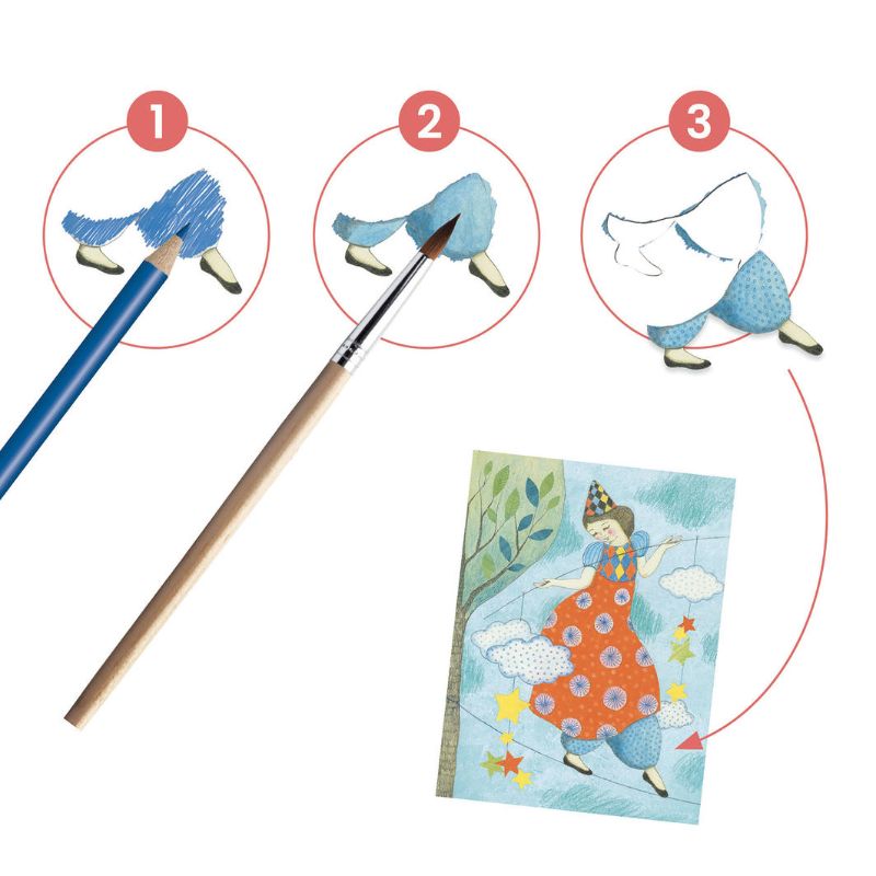 Vibrant watercolour pencils kit by Djeco for artists of all ages, ideal for blending and creating stunning artworks.