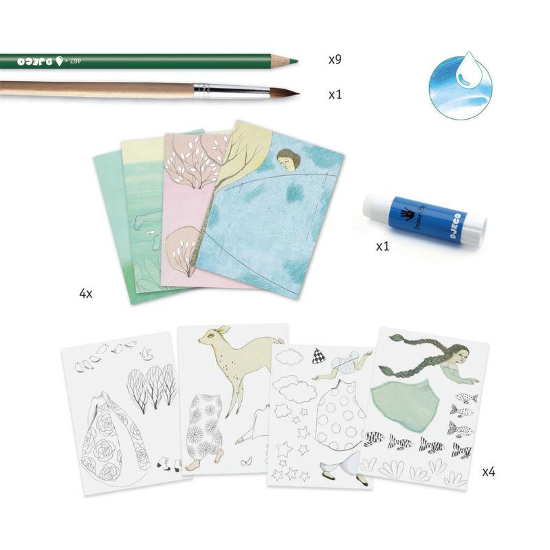 Vibrant watercolour pencils kit by Djeco, perfect for artists of all ages, designed for easy grip and smooth blending.