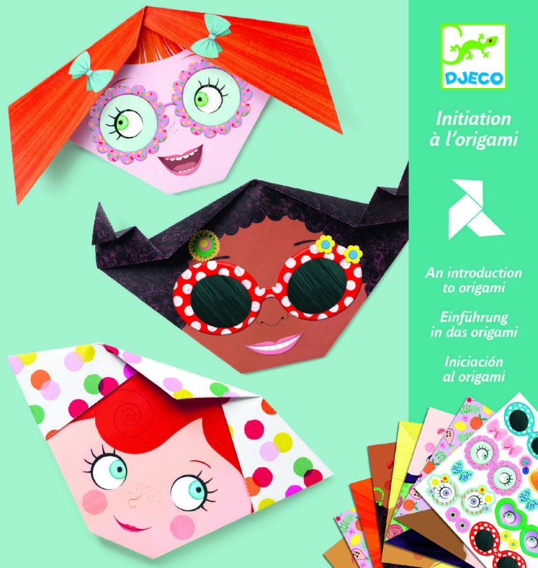 Vibrant Djeco origami set for kids, featuring easy-to-fold papers and charming facial expressions for creative crafting fun.