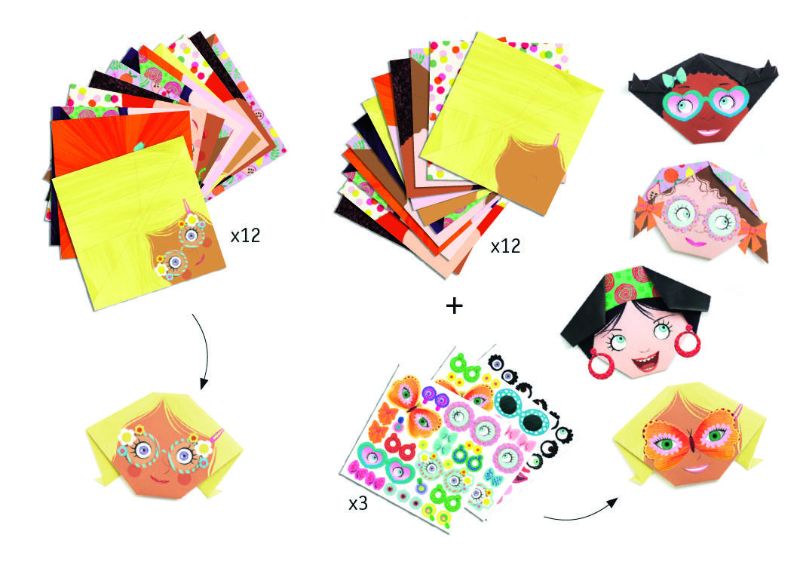 Colorful Djeco Origami Set - Pretty Faces, featuring easy-to-fold sheets for creating charming paper faces, ideal for kids.