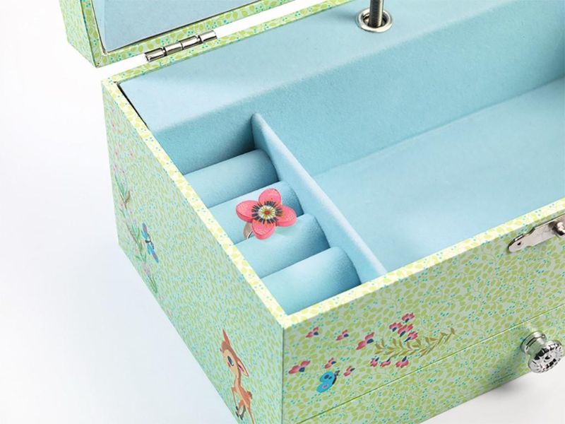 Enchanting Djeco Music Box featuring a spinning fawn and mirror, playing 'Tales of the Vienna Woods'; perfect keepsake drawer included.