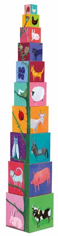 Colorful, durable nesting blocks with nature and animal illustrations, perfect for imaginative play and skill development.
