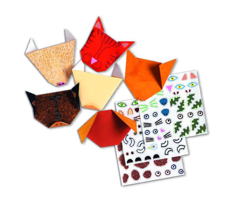 Djeco Origami Set - Animals featuring six vibrant designs for creative kids to fold and personalize with stickers.