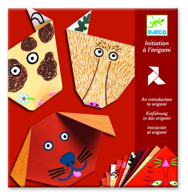 Colorful Djeco Origami Set featuring six animal designs, including playful cats and majestic elephants, for creative paper folding.
