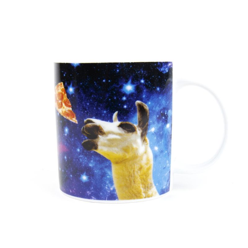 Whimsical ceramic mug featuring a llama floating in space, perfect for coffee lovers and gift seekers.