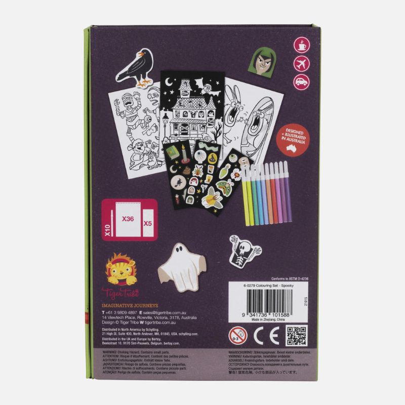 Spooky Colouring Set featuring Halloween-themed pages and eco-friendly materials for creative fun for all ages.