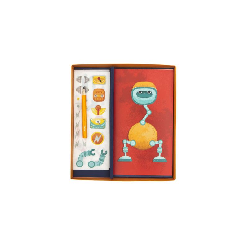 Colorful crafting set for kids to easily create unique robots with mess-free transfer techniques, perfect for ages 3 and up.