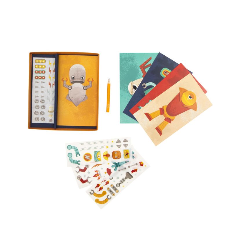 Kid-friendly crafting set featuring vibrant robot designs, mess-free transfer sheets, and portable storage for creative play.