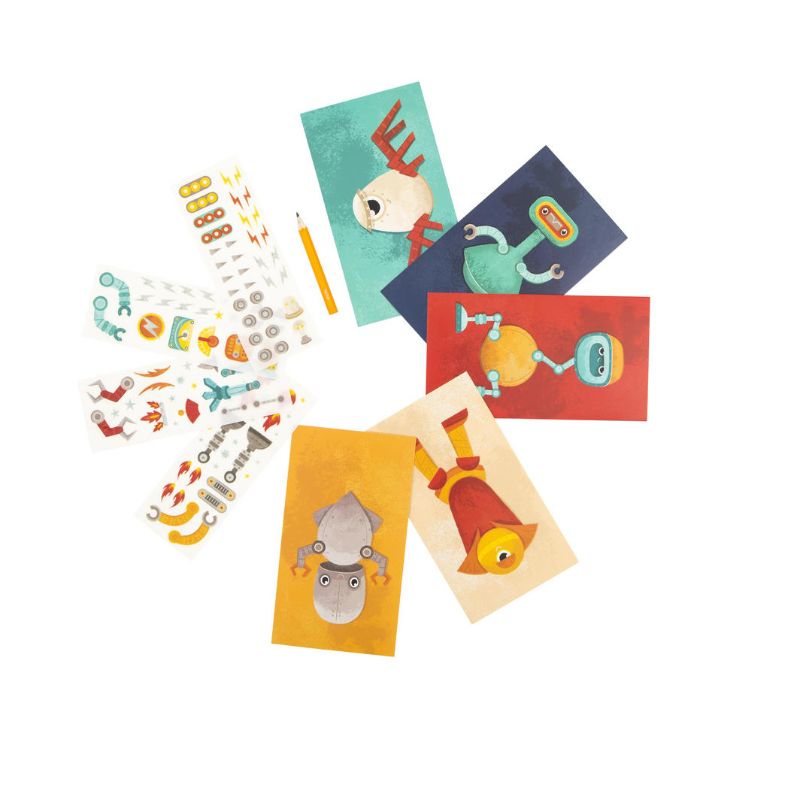 Creative robot crafting set for kids, featuring mess-free transfers, vibrant backgrounds, and portable storage box.