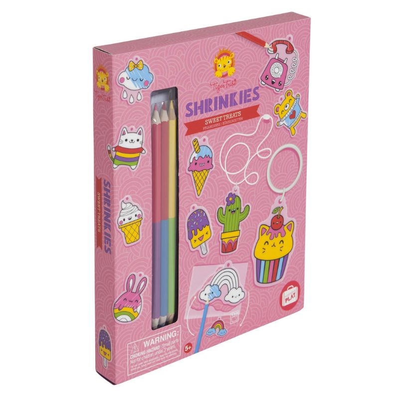 Activity Set featuring colorful Shrinkies Sweet Treats, designed for creating charming shrink art key rings and jewelry for kids.