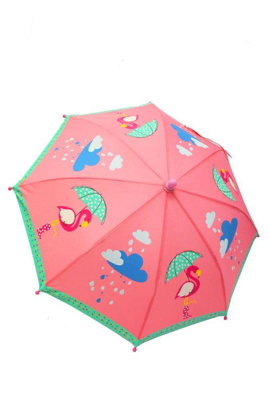 Vibrant flamingo umbrella with color-changing design; perfect for stylish rain protection and easy spotting in crowds.
