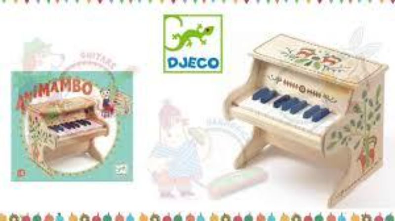 Wooden Animambo Electric Piano for kids with 18 vibrant keys, colorful sheet music, and rich sounds for musical exploration.