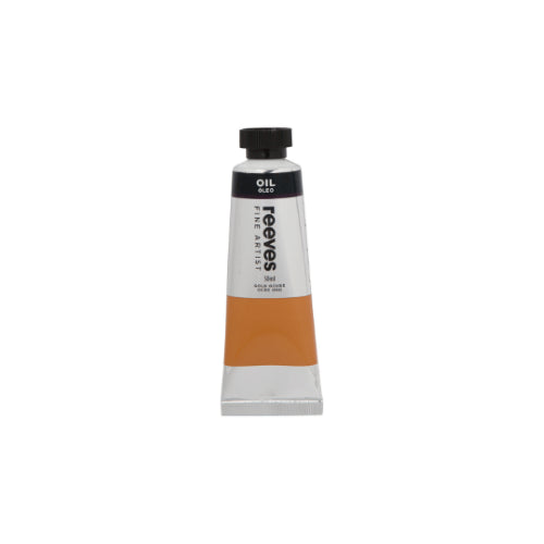 Bottle of Reeves Fine Artists Oil 50ml in Gold Ochre, showcasing its rich pigment and smooth texture for vibrant artwork.
