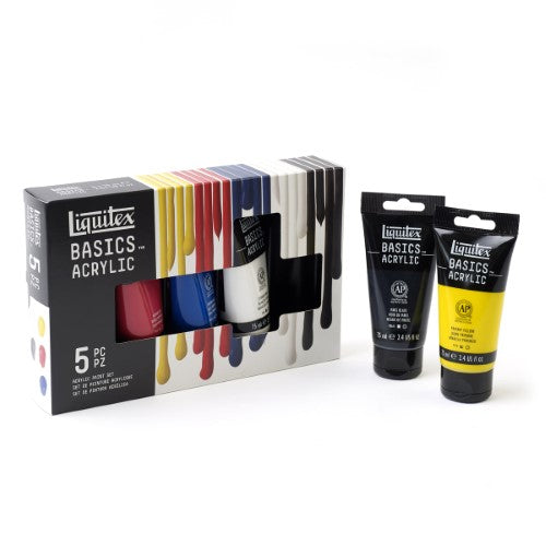 Liquitex Basics Acrylic Set of 5 in 75ml tubes featuring vibrant colors for all skill levels, ideal for versatile artistic techniques.