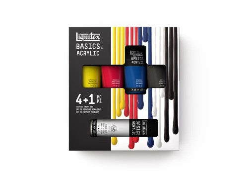 Acrylic paint set featuring 4 x 75ml tubes in Primary Yellow, Red, Blue, Black and 118ml Titanium White for versatile creative projects.