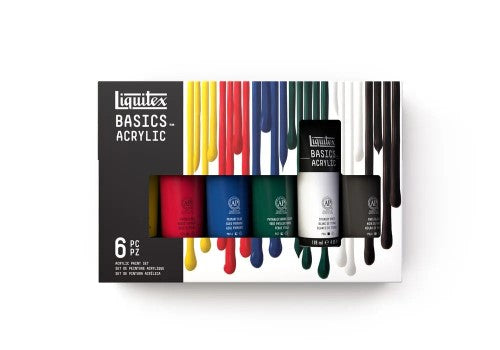 Liquitex Basics Acrylic Paint Set of 6 vibrant colors in 118ml tubes, ideal for artists and creative projects.