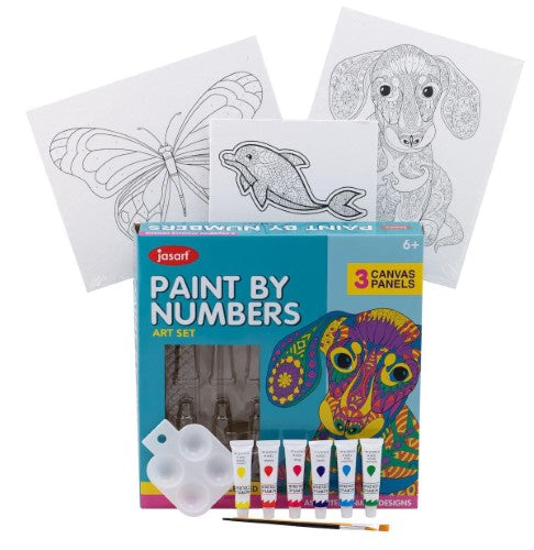 Jasart Paint By Numbers Art Set featuring puppy, butterfly, and dolphin designs, perfect for beginner creativity and relaxation.
