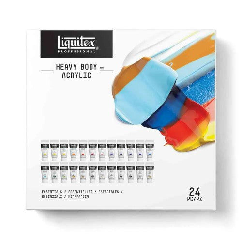 Liquitex Heavy Body Acrylic Paint set of 24, featuring high-quality, vibrant colors in 22ml tubes for diverse artistic techniques.