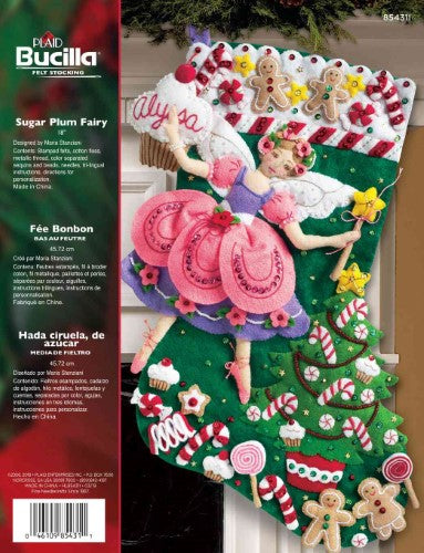 "Bucilla 18" Applique Stocking Kit featuring a sugar plum fairy design, perfect for festive holiday decor and crafting."