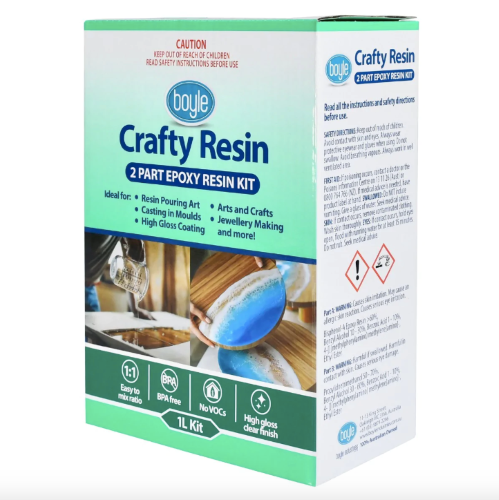 Boyle Crafty Resin 1L Kit featuring BPA-free, UV-resistant epoxy for versatile arts, crafts, and safe food applications.