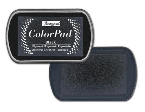 Thick black pigment ink in a compact container, ideal for blending and embossing in various art projects.