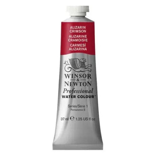 Winsor & Newton 37ml Alizarin Crimson S1 watercolour with brilliant hue, lightfast pigment, perfect for glazing and layering.
