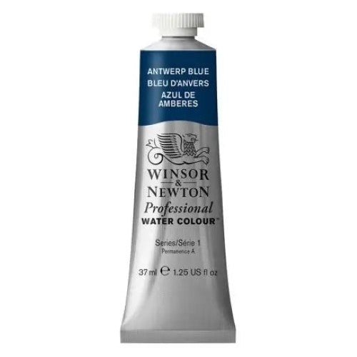 Winsor & Newton 37ml Antwerp Blue watercolour, featuring vibrant pigment for artistic brilliance and exceptional transparency.
