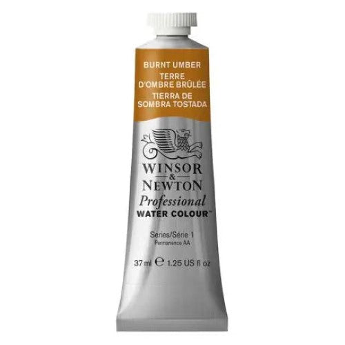 Winsor & Newton 37ml Burnt Umber watercolour tube showcasing rich, warm tones and exceptional transparency for artists.