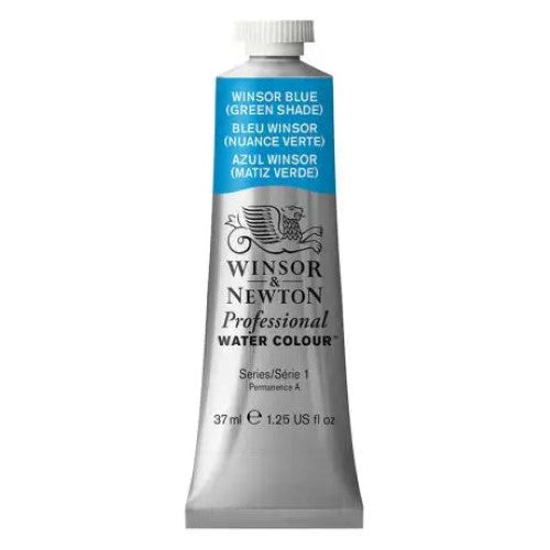 Premium Winsor & Newton 37ml watercolour tube in Winsor Blue (GS) S1, known for its vibrant color and exceptional transparency.