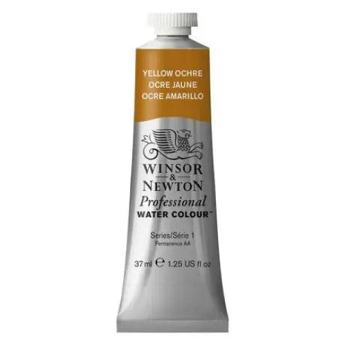 Winsor & Newton 37ml Yellow Ochre watercolour paint, known for its warmth, transparency, and lightfast qualities for artists.