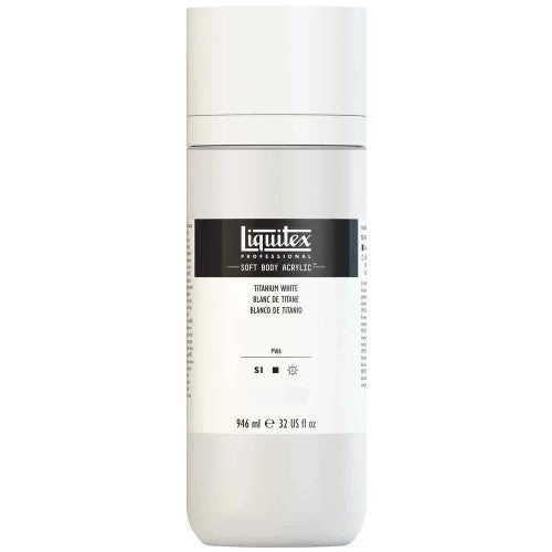 Liquitex Professional Soft Body Acrylic Paint in Titanium White, 946ml, offers vibrant color and versatile application on various surfaces.