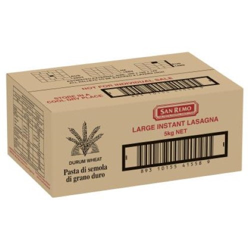 San Remo Instant Lasagne Sheets 5KG pack, no pre-cooking required for easy, delicious homemade lasagna.