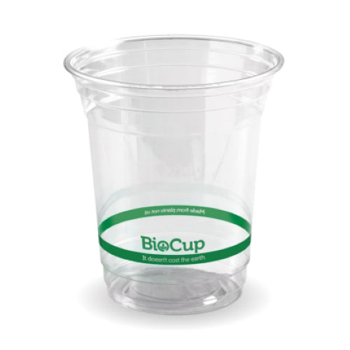 Clear 420ml bioplastic cup by BioPak, eco-friendly, compostable, ideal for cold drinks, pack of 50 for sustainable gatherings.