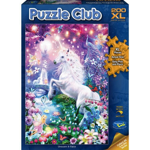 Holdson 200pc XL puzzle featuring a whimsical Unicorn & Fairy design for fun and creativity, eco-friendly materials, made in NZ.