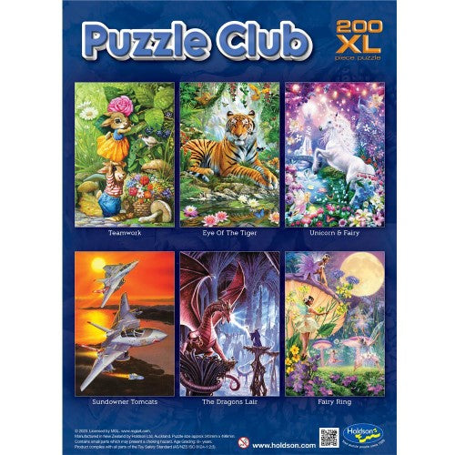 Magical 200pc jigsaw puzzle featuring vibrant unicorns and fairies, perfect for ages 7+ and eco-friendly.