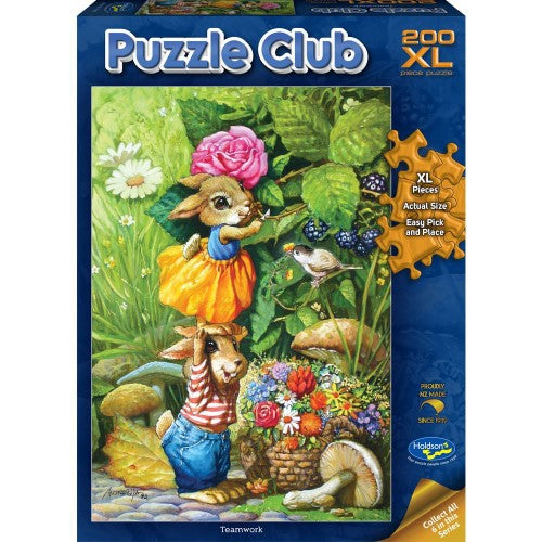 Colorful 200pc jigsaw puzzle depicting teamwork, ideal for ages 7+, made in NZ with eco-friendly materials.