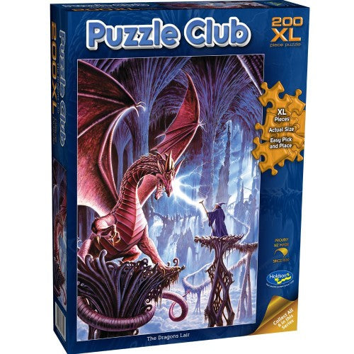 Colorful 200-piece jigsaw puzzle depicting a mythical dragon's lair, designed for ages 7 and up, made sustainably in New Zealand.