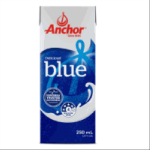 Creamy Anchor UHT Milk Blue Top 250mL from New Zealand, perfect for coffee, tea, and cereals with long shelf life.