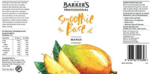 Glossy orange 2L mango smoothie base from Barkers, perfect for cafes and restaurants, made in New Zealand.