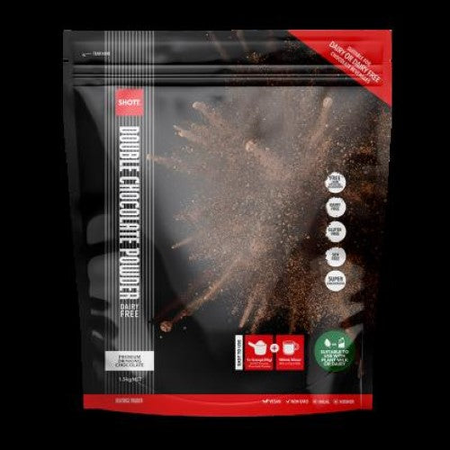 Rich dairy-free and gluten-free double chocolate drink powder in a 1.5kg bag, perfect for hot or cold beverages.