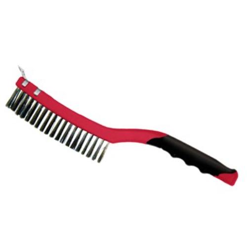 Stainless steel wire brush with 3 x 19 rows of bristles and a scraper, ideal for heavy-duty cleaning and rust removal.